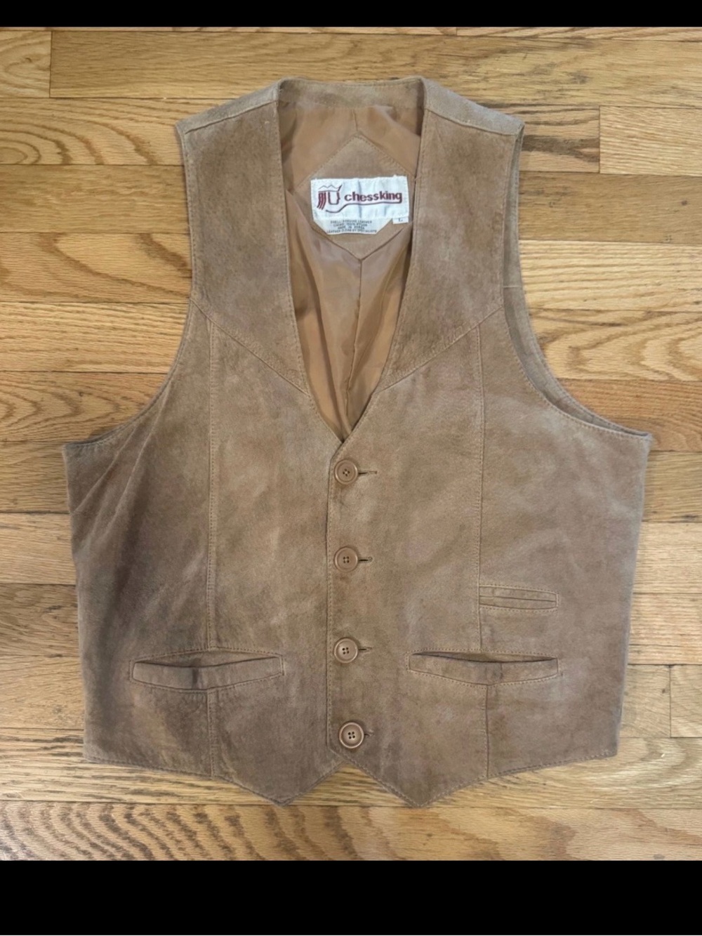 Vintage Chess King Mens Tan Brown Genuine Leather Suede Vest Size L Western